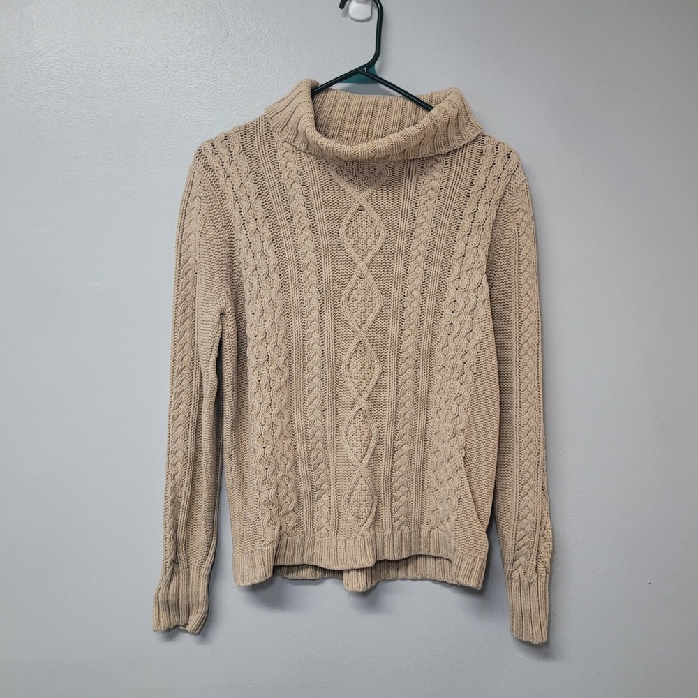 Eddie Bauer Womens Petite L Beige Cable Knit Turtleneck Sweater Cotton Blend